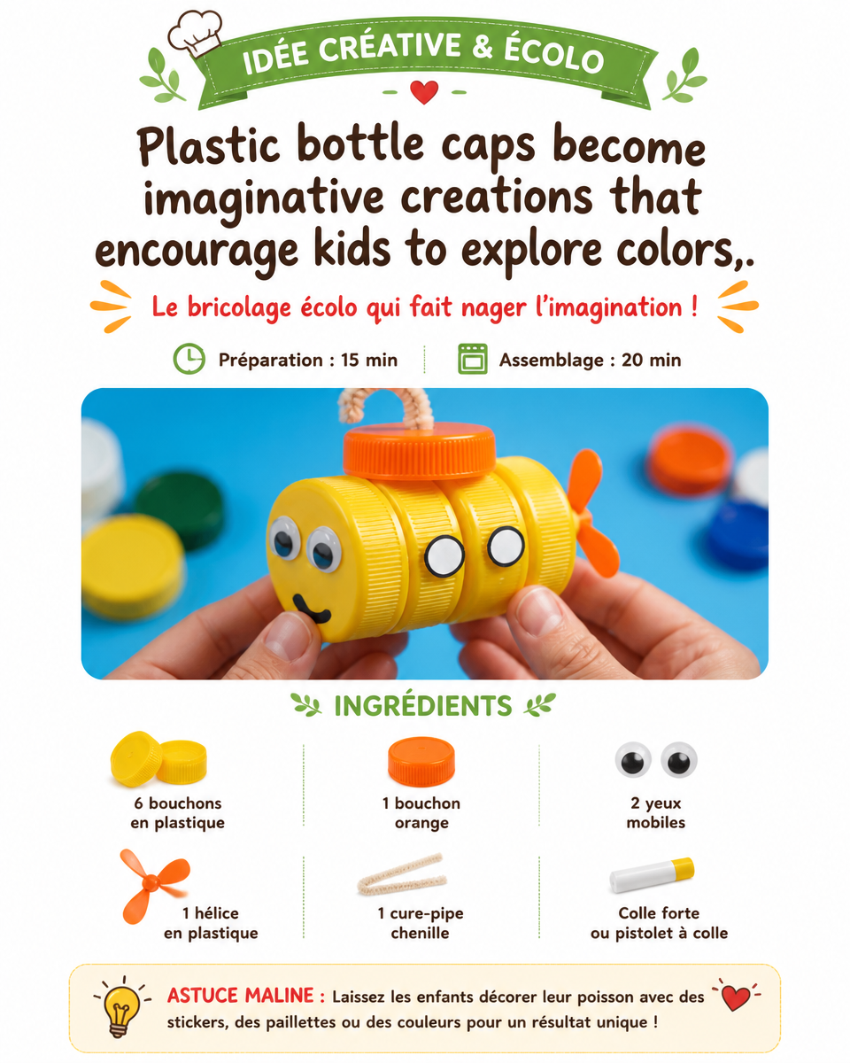 Plastic bottle caps become imaginative creations that encourage kids to explore colors, shapes, and hands-on creativity. 2 Plastic bottle caps become imaginative creations that encourage kids to explore colors, shapes, and hands-on creativity.