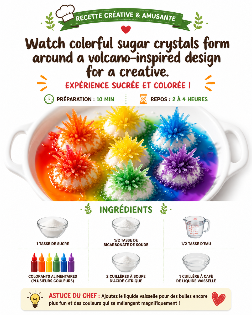 Watch colorful sugar crystals form around a volcano-inspired design for a creative project that blends art with simple science. Which version would you make? 6 Watch colorful sugar crystals form around a volcano-inspired design for a creative project that blends art with simple science. Which version would you make?