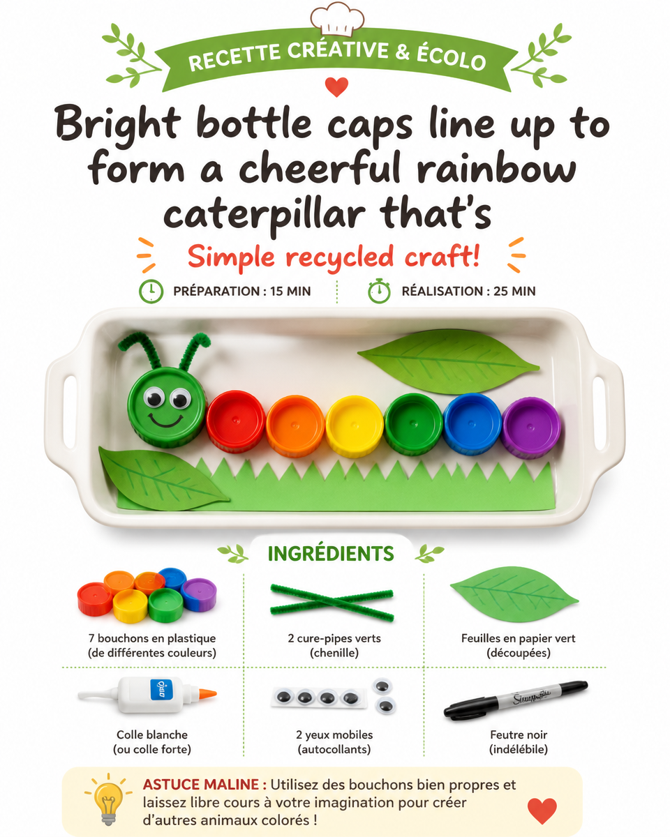 Bright bottle caps line up to form a cheerful rainbow caterpillar that's perfect for a colorful afternoon of crafting. 6 Bright bottle caps line up to form a cheerful rainbow caterpillar that's perfect for a colorful afternoon of crafting.