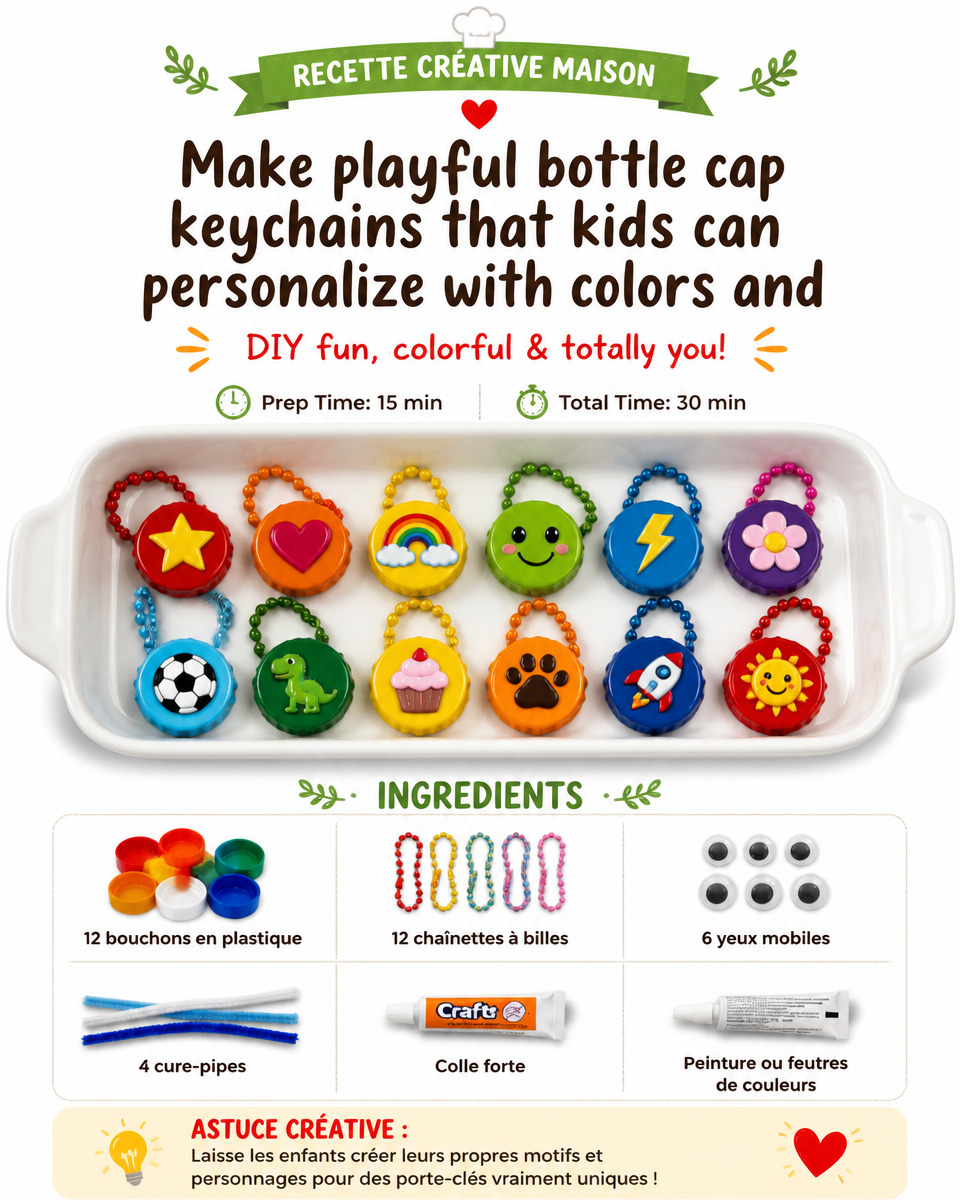 Make playful bottle cap keychains that kids can personalize with colors and simple decorations for everyday fun. Perfect for your next craft day. 2 Make playful bottle cap keychains that kids can personalize with colors and simple decorations for everyday fun. Perfect for your next craft day.