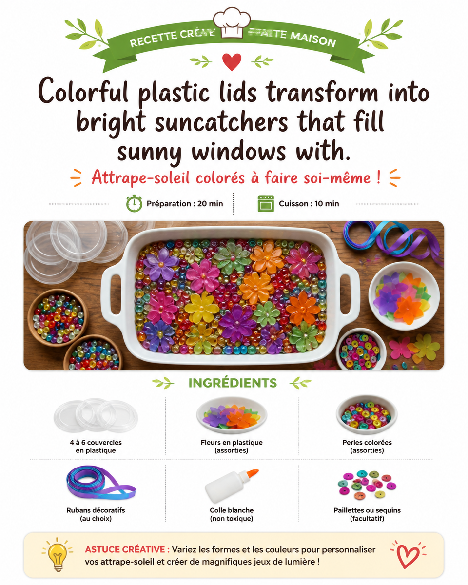Colorful plastic lids transform into bright suncatchers that fill sunny windows with playful shapes and vibrant colors. 2 Colorful plastic lids transform into bright suncatchers that fill sunny windows with playful shapes and vibrant colors.