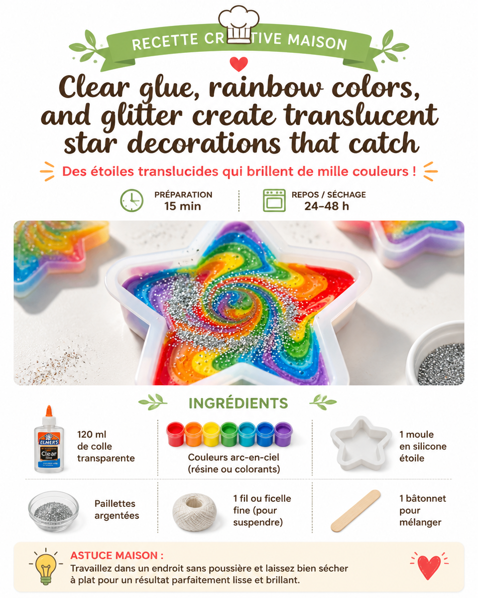 Clear glue, rainbow colors, and glitter create translucent star decorations that catch the light beautifully in any window. Which version would you make? 6 Clear glue, rainbow colors, and glitter create translucent star decorations that catch the light beautifully in any window. Which version would you make?