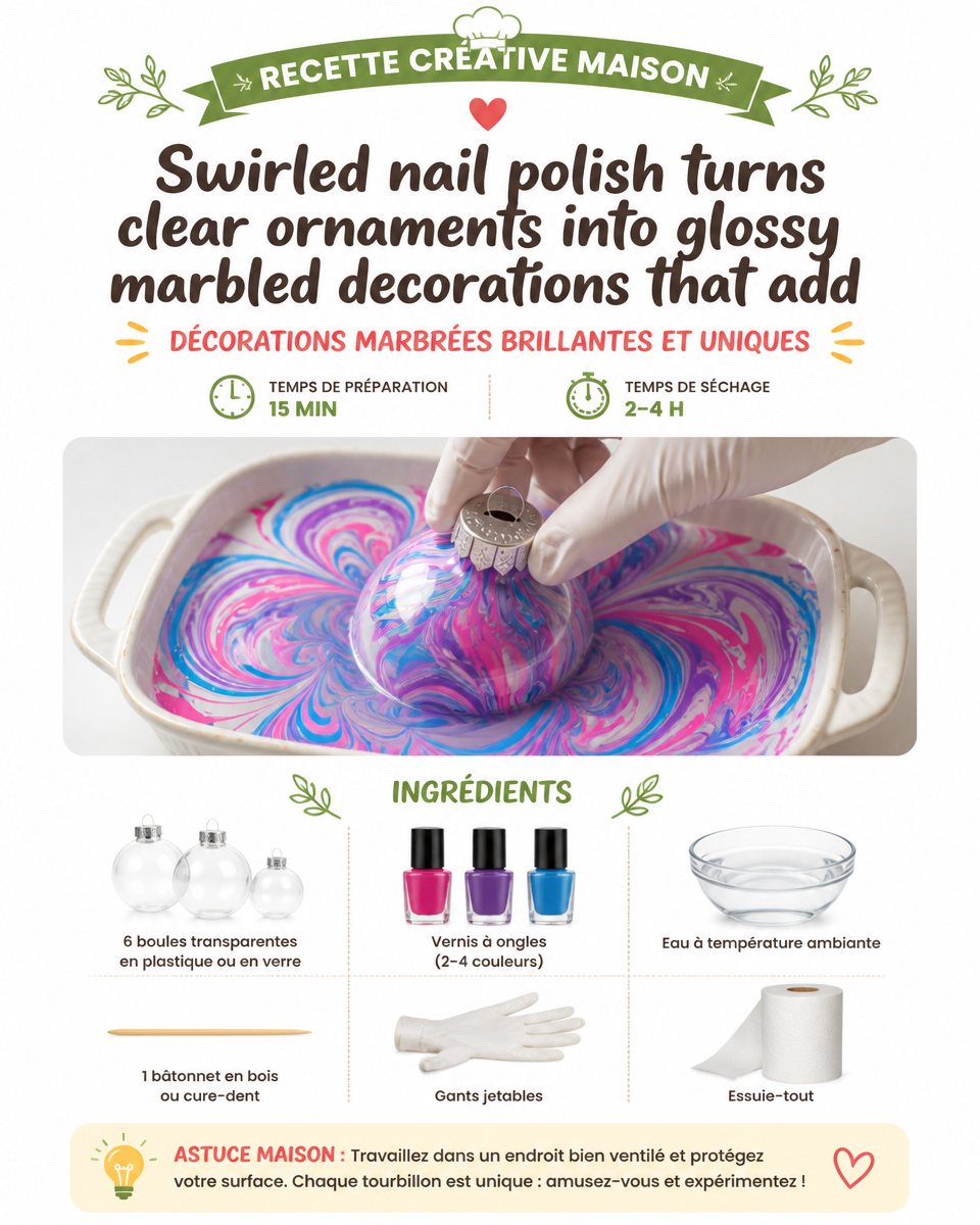 Swirled nail polish turns clear ornaments into glossy marbled decorations that add colorful charm to any holiday tree. 2 Swirled nail polish turns clear ornaments into glossy marbled decorations that add colorful charm to any holiday tree.