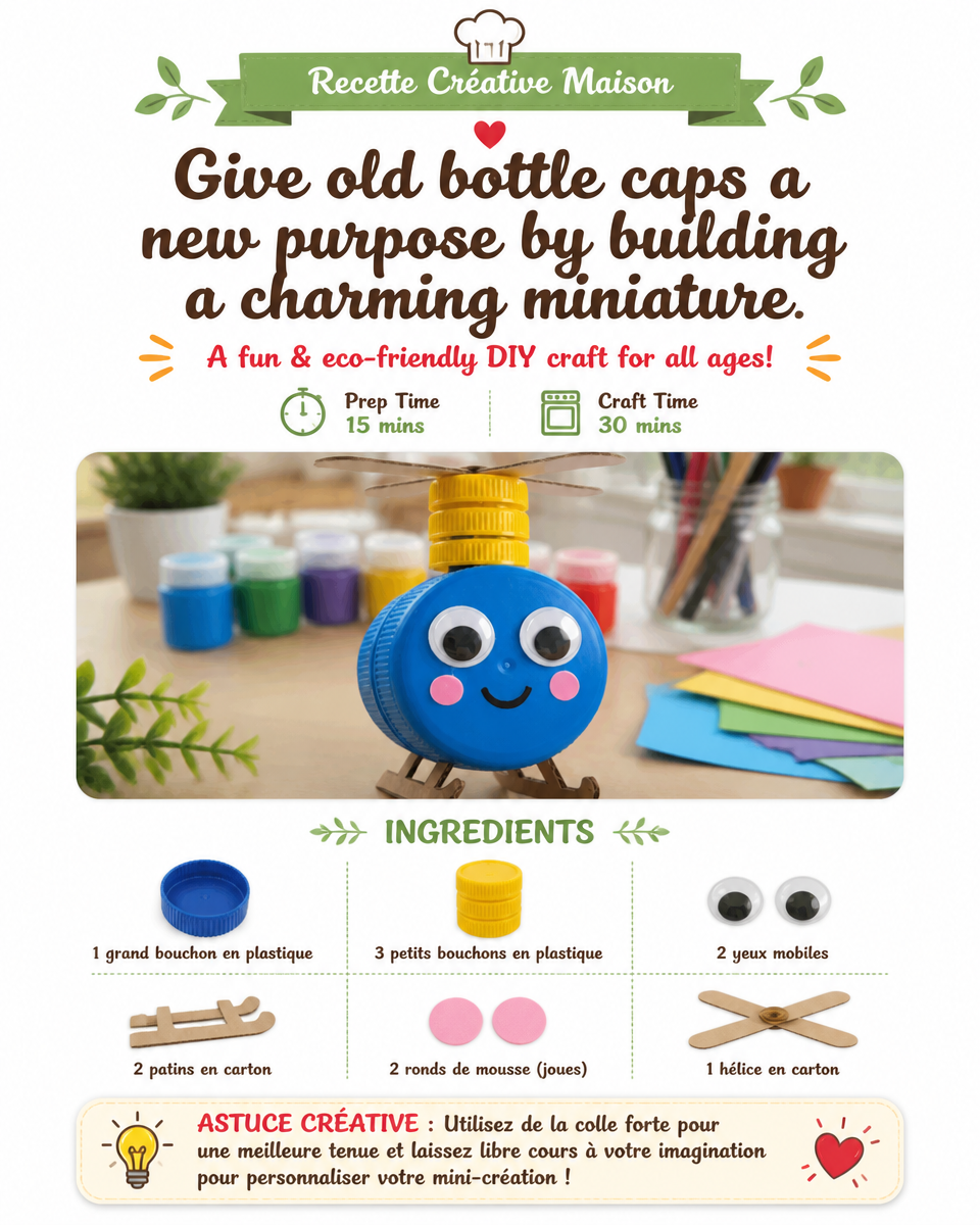 Give old bottle caps a new purpose by building a charming miniature helicopter with colorful recycled pieces. Which version would you make? 2 Give old bottle caps a new purpose by building a charming miniature helicopter with colorful recycled pieces. Which version would you make?