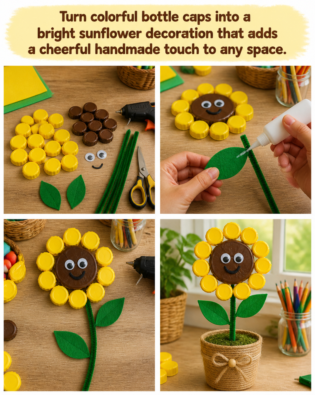 Turn colorful bottle caps into a bright sunflower decoration that adds a cheerful handmade touch to any space. 8 Turn colorful bottle caps into a bright sunflower decoration that adds a cheerful handmade touch to any space.