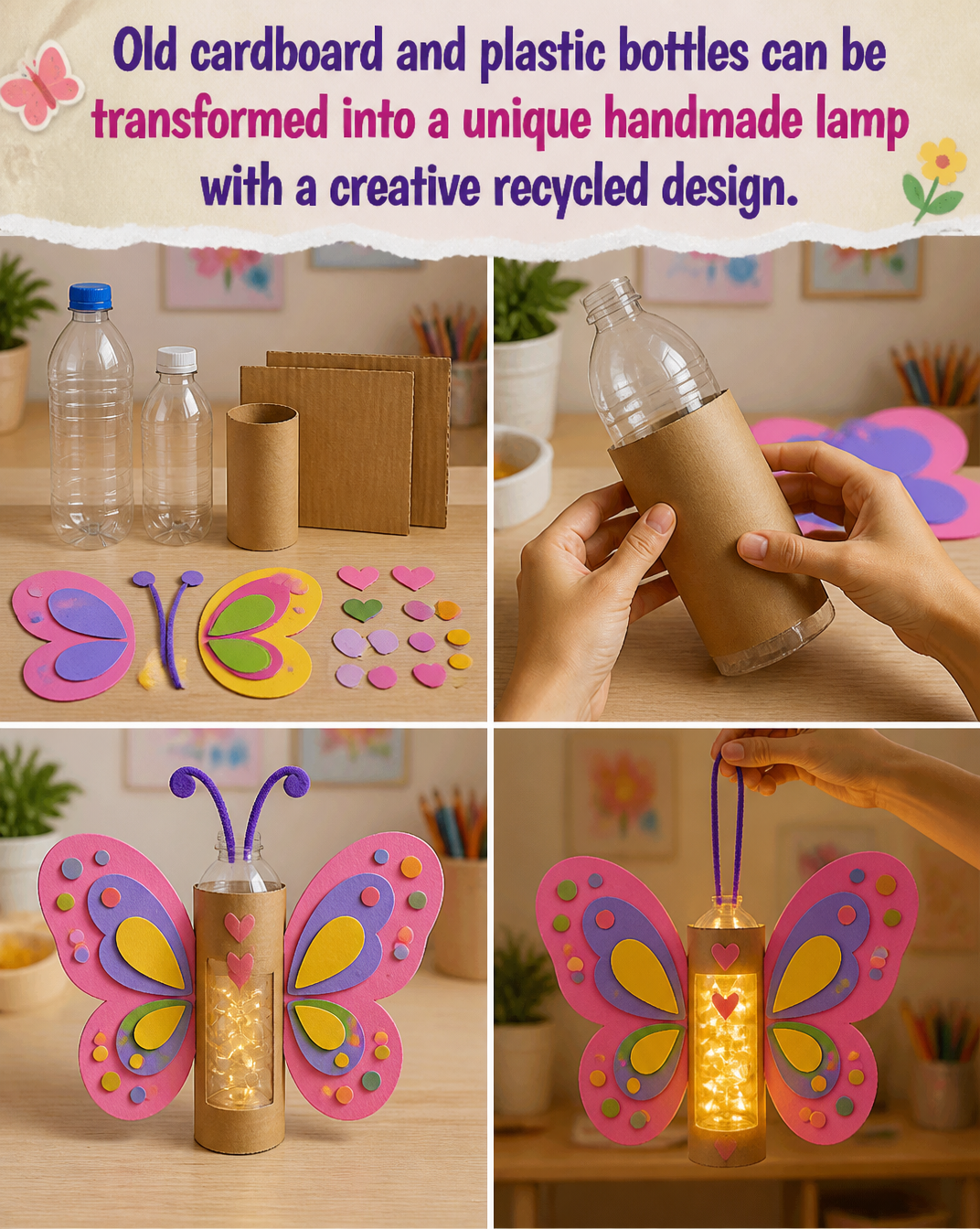Old cardboard and plastic bottles can be transformed into a unique handmade lamp with a creative recycled design. 8 Old cardboard and plastic bottles can be transformed into a unique handmade lamp with a creative recycled design.