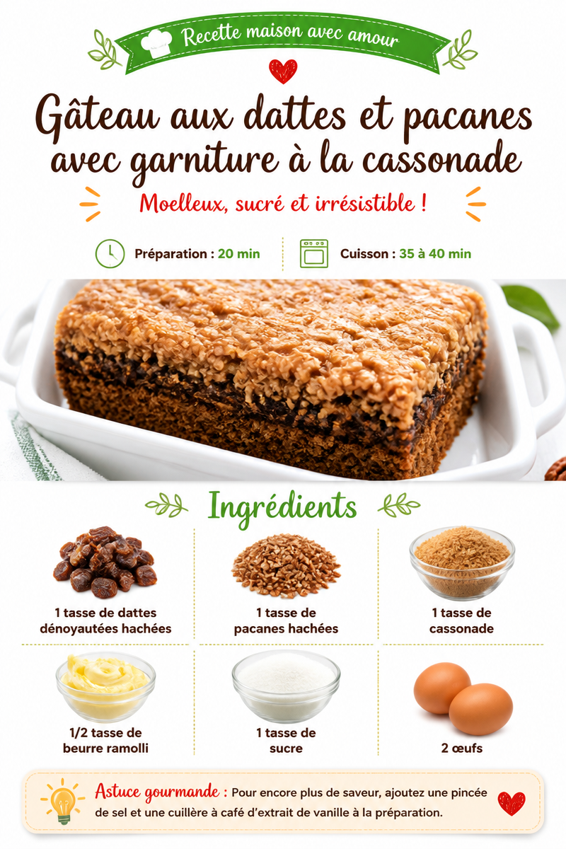 Gâteau aux dattes et pacanes avec garniture à la cassonade