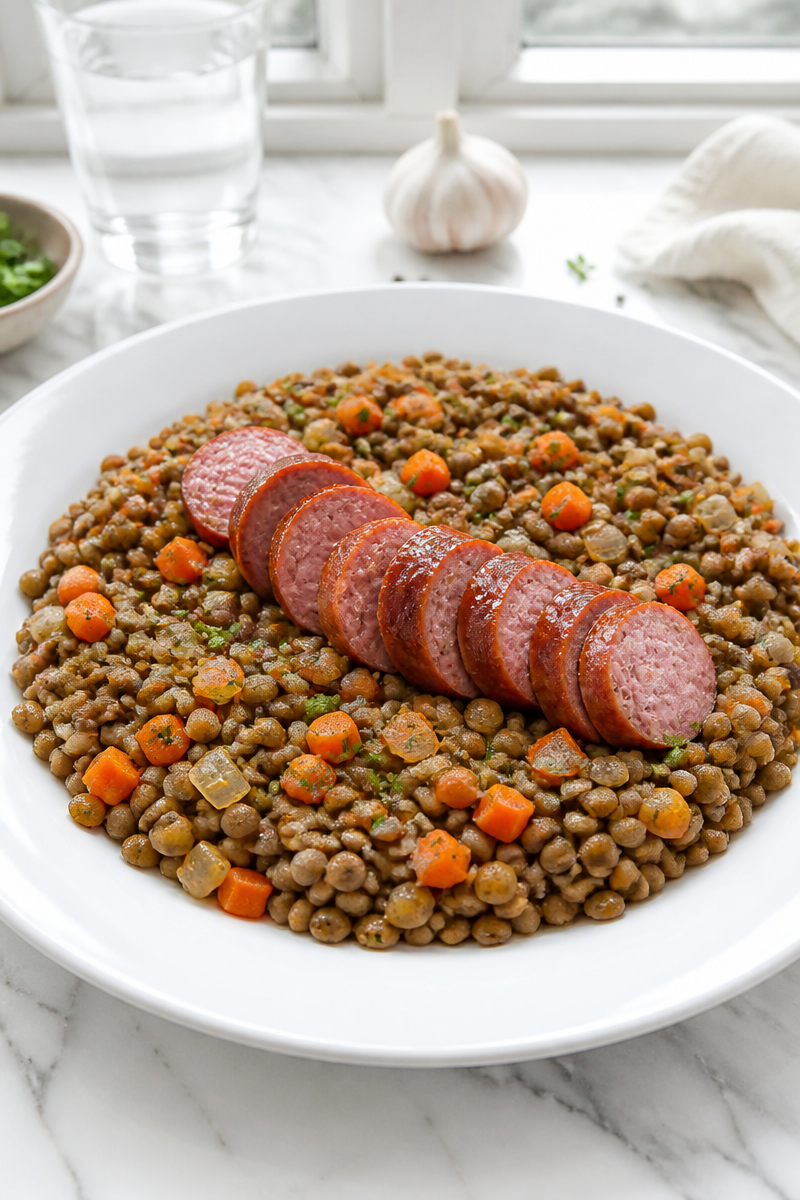 Lentilles saucisses fumées mijotées maison