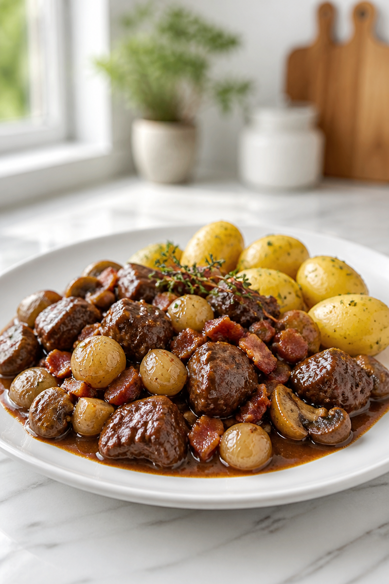 Boeuf bourguignon traditionnel mijoté doucement