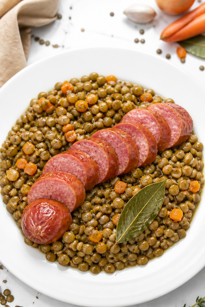 Lentilles saucisses fumées mijotées maison