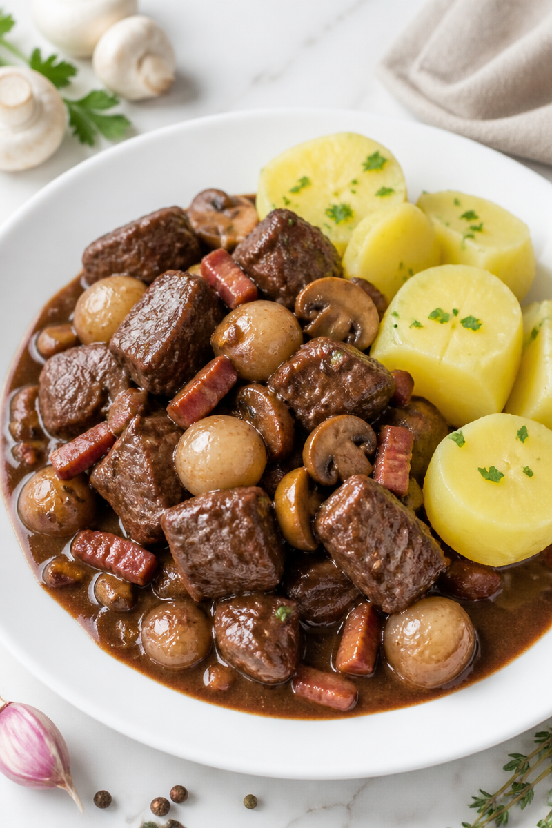 Boeuf bourguignon traditionnel mijoté doucement