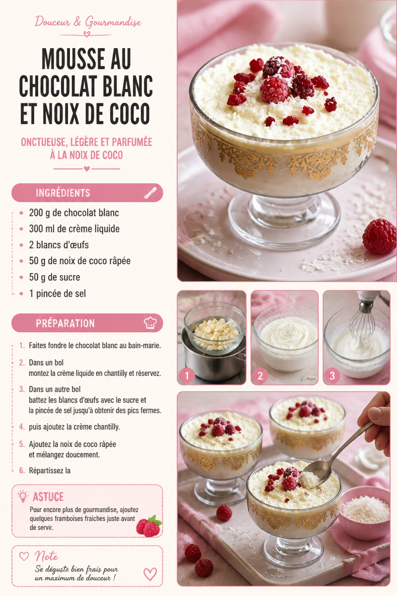 Mousse au chocolat blanc et noix de coco