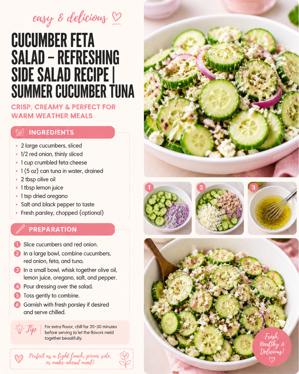 Cucumber Feta Salad - Refreshing Side Salad Recipe | Summer Cucumber Tuna Dish, Cucumber and Feta Cheese Salad, Tuna Salad Cucumber Boat