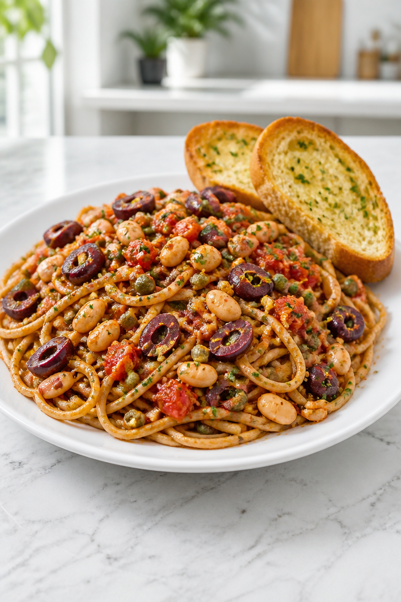 White Bean Puttanesca Savory Salty Pasta