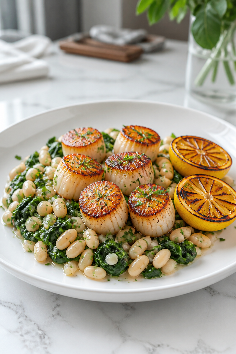 Seared Scallops White Bean Charred Lemon
