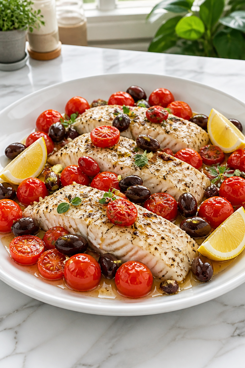 Baked Cod Tomato Olive Mediterranean Style