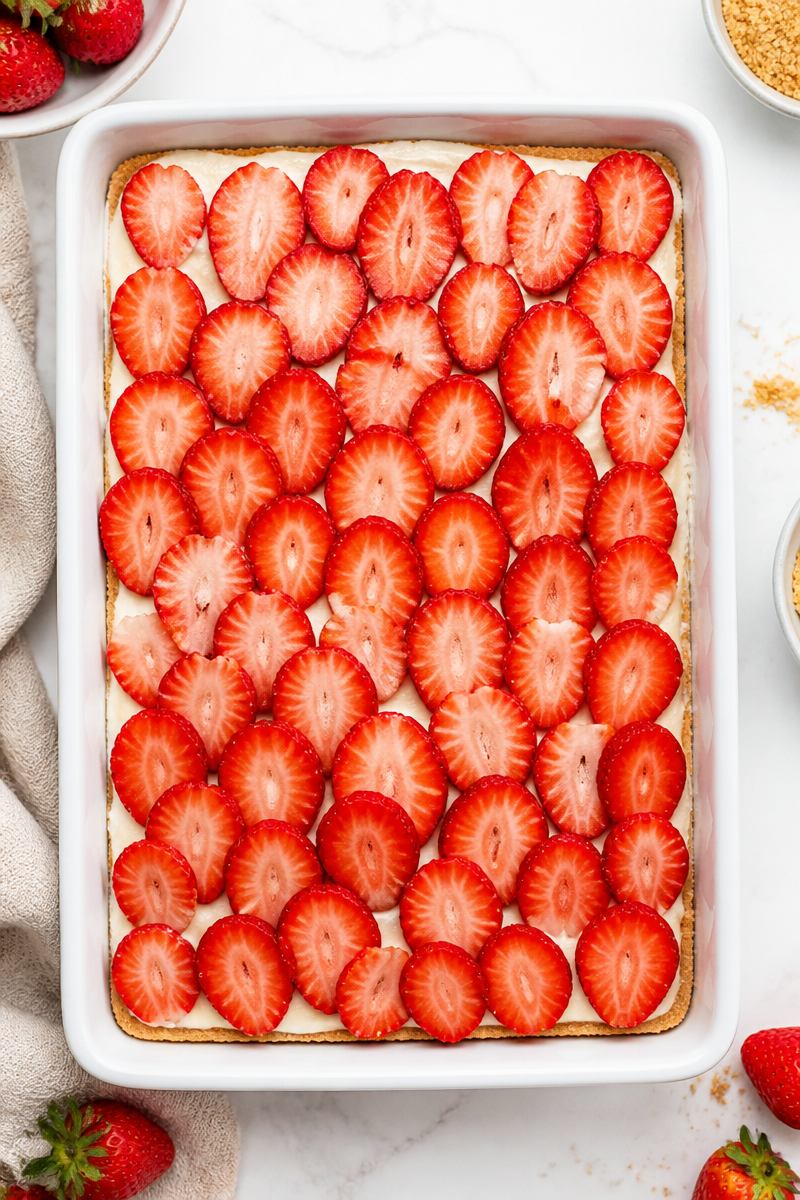Skinny Strawberry Cheesecake Sheet Cake