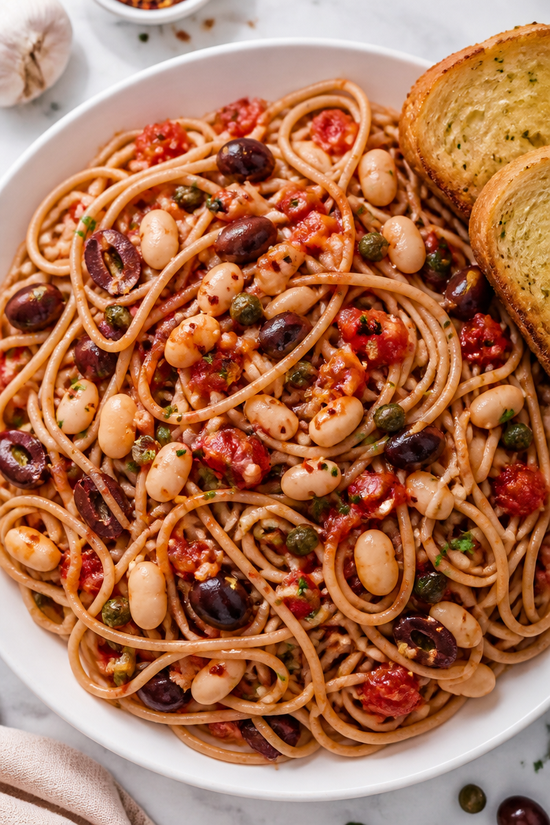 White Bean Puttanesca Savory Salty Pasta
