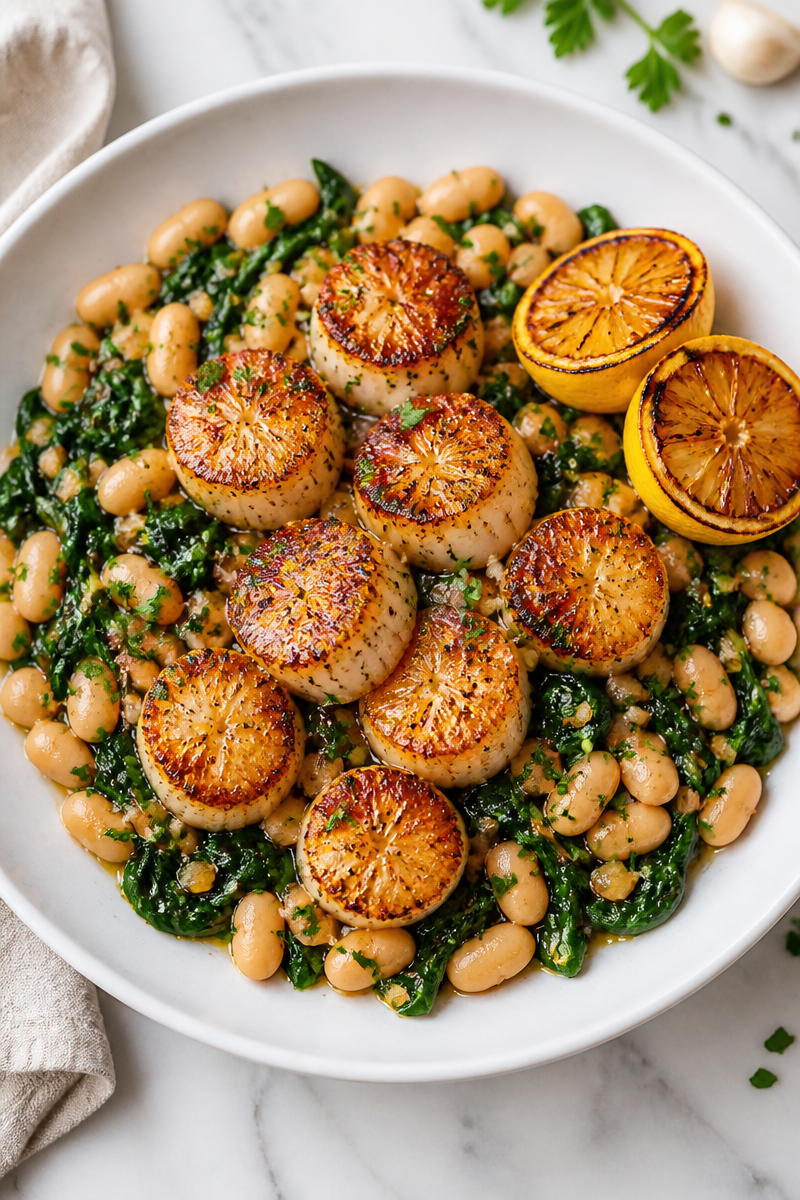 Seared Scallops White Bean Charred Lemon