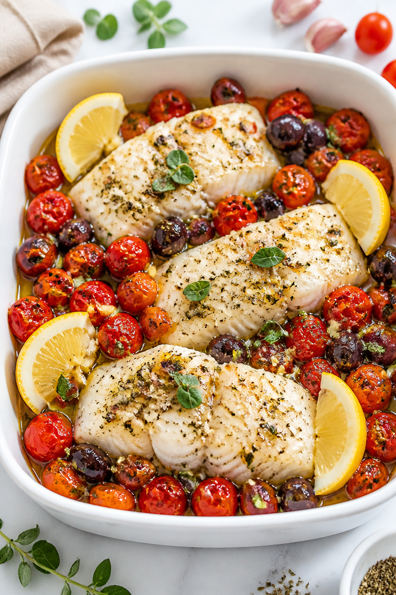 Baked Cod Tomato Olive Mediterranean Style