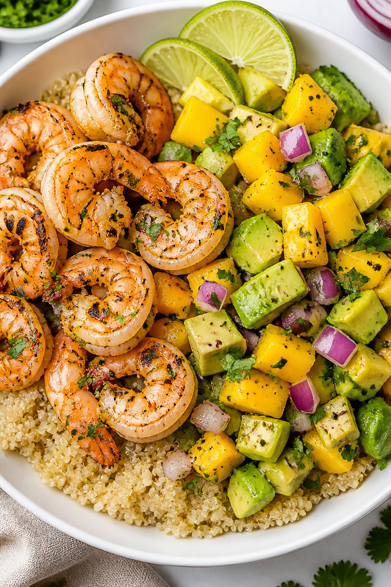Grilled Shrimp Avocado Mango Salsa Bowl