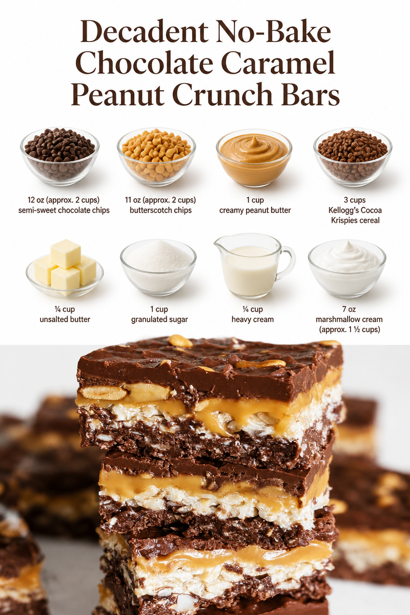 Decadent No-Bake Chocolate Caramel Peanut Crunch Bars