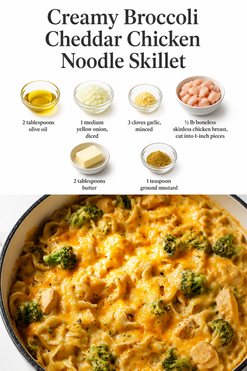 Creamy Broccoli Cheddar Chicken Noodle Skillet