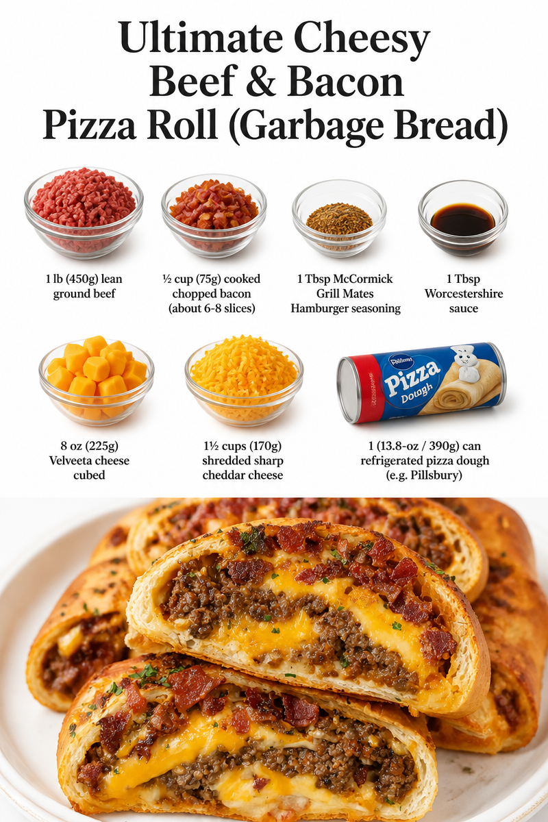 Ultimate Cheesy Beef & Bacon Pizza Roll (Garbage Bread)