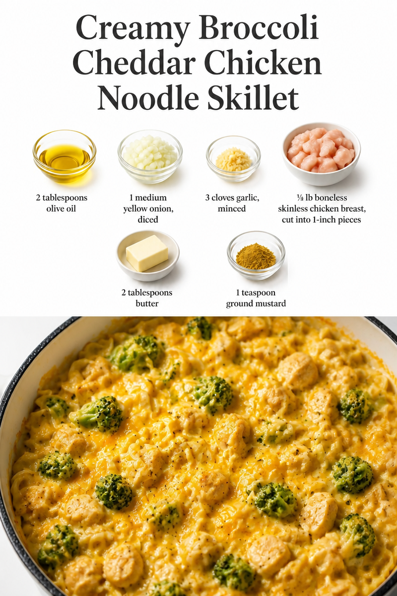 Creamy Broccoli Cheddar Chicken Noodle Skillet