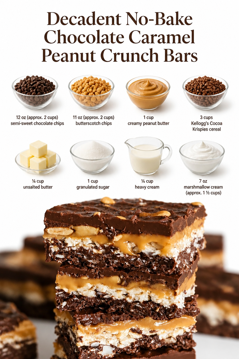 Decadent No-Bake Chocolate Caramel Peanut Crunch Bars