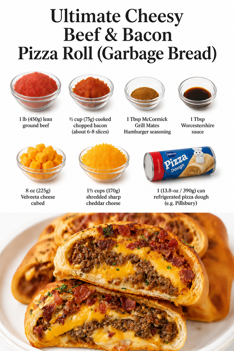 Ultimate Cheesy Beef & Bacon Pizza Roll (Garbage Bread)