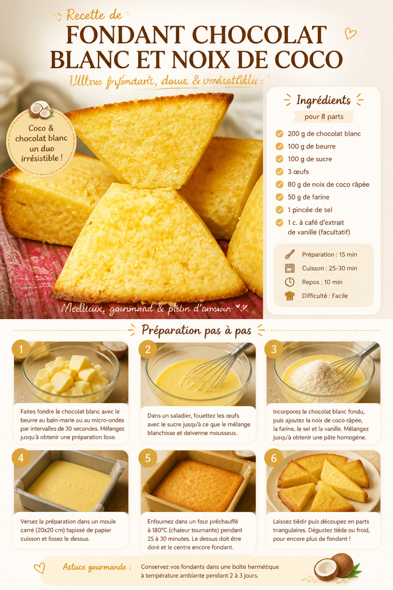 Recette de fondant chocolat blanc et noix de coco