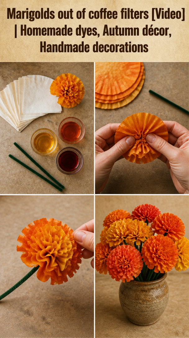 Marigolds out of coffee filters [Video] | Homemade dyes, Autumn décor, Handmade decorations