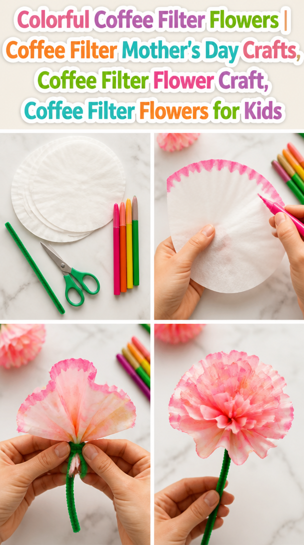 Colorful Coffee Filter Flowers | Coffee Filter Mother's Day Crafts, Coffee Filter Flower Craft, Coffee Filter Flowers for Kids