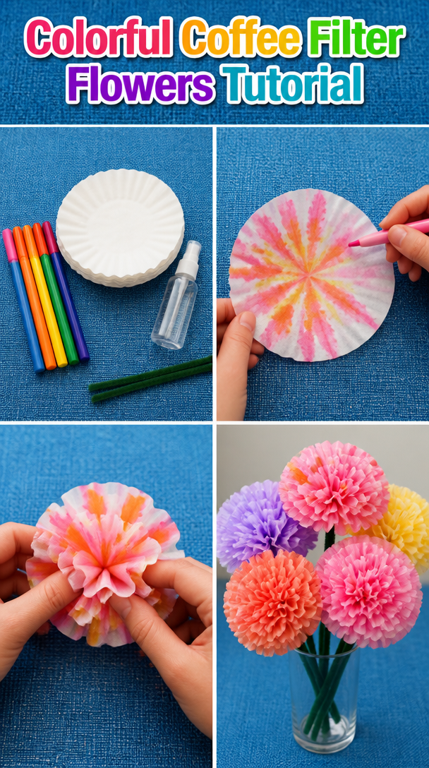 Colorful Coffee Filter Flowers Tutorial | Coffee Filter Crafts for Kids, How to Make Coffee Filter Flowers, Projects with Coffee Filters
