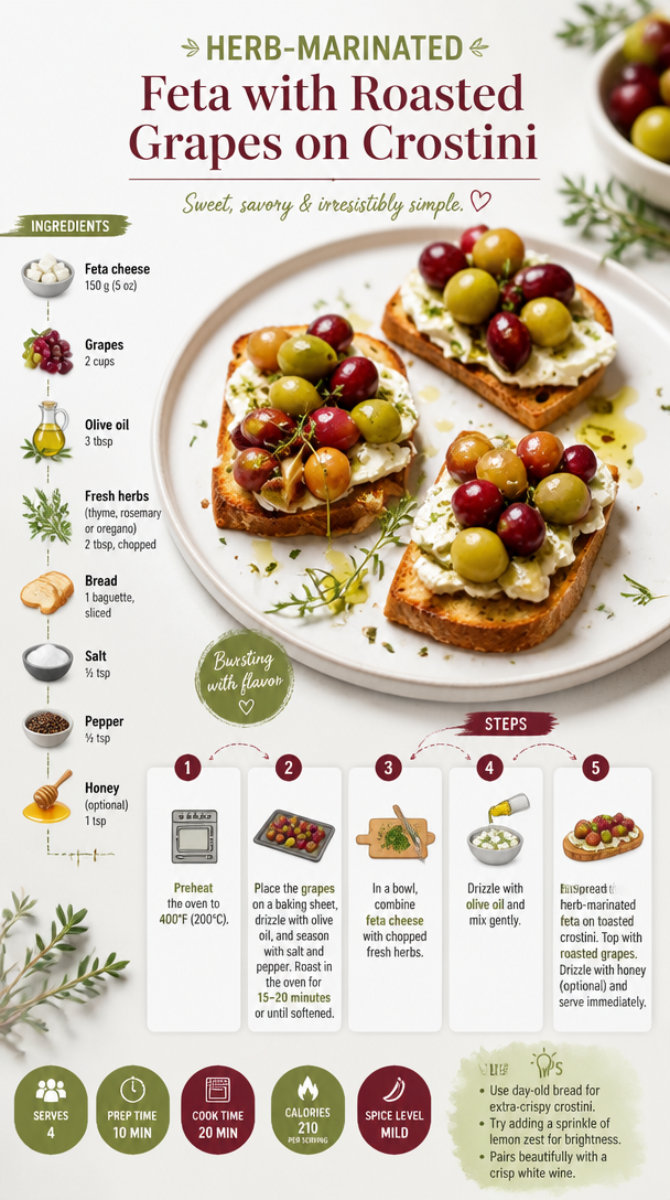 Herb-Marinated Feta with Roasted Grapes on Crostini