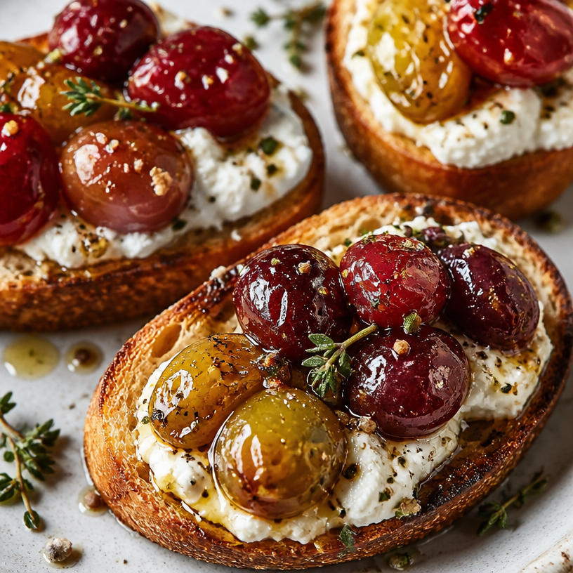 Herb-Marinated Feta with Roasted Grapes on Crostini