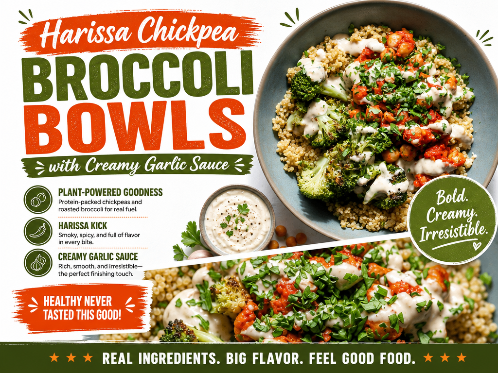 Harissa Chickpea and Broccoli Bowls with Creamy Garlic Sauce
