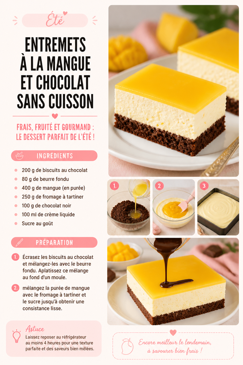 Entremets à la mangue et chocolat sans cuisson
