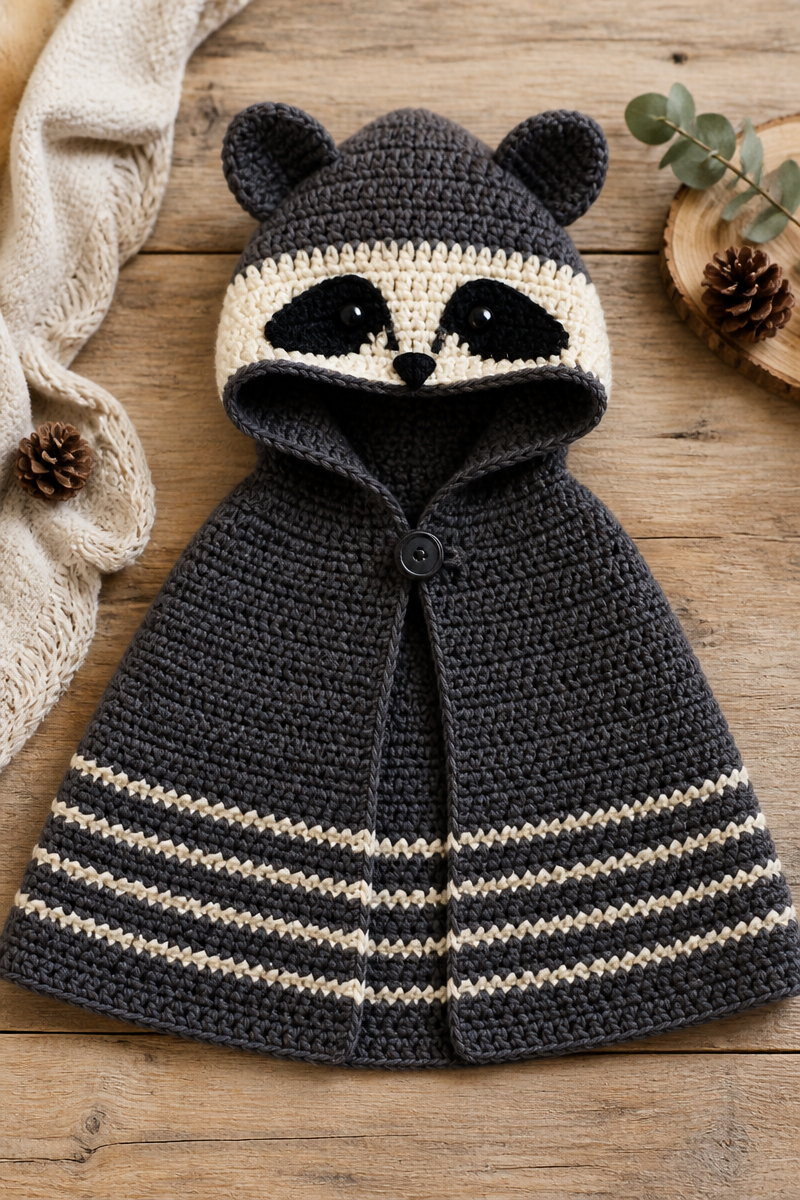 Crochet Baby Raccoon Hooded Cape