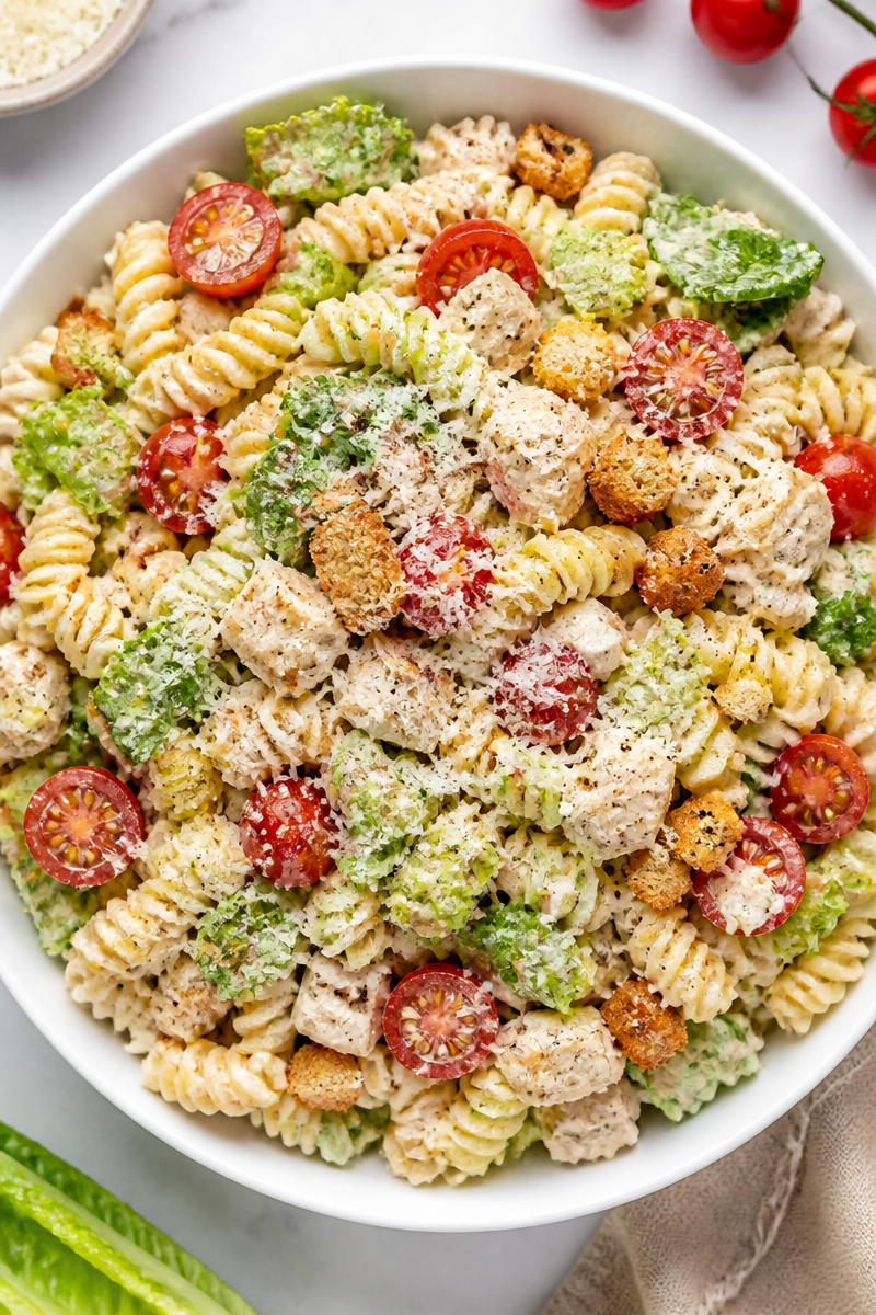 High Protein Chicken Caesar Pasta Salad