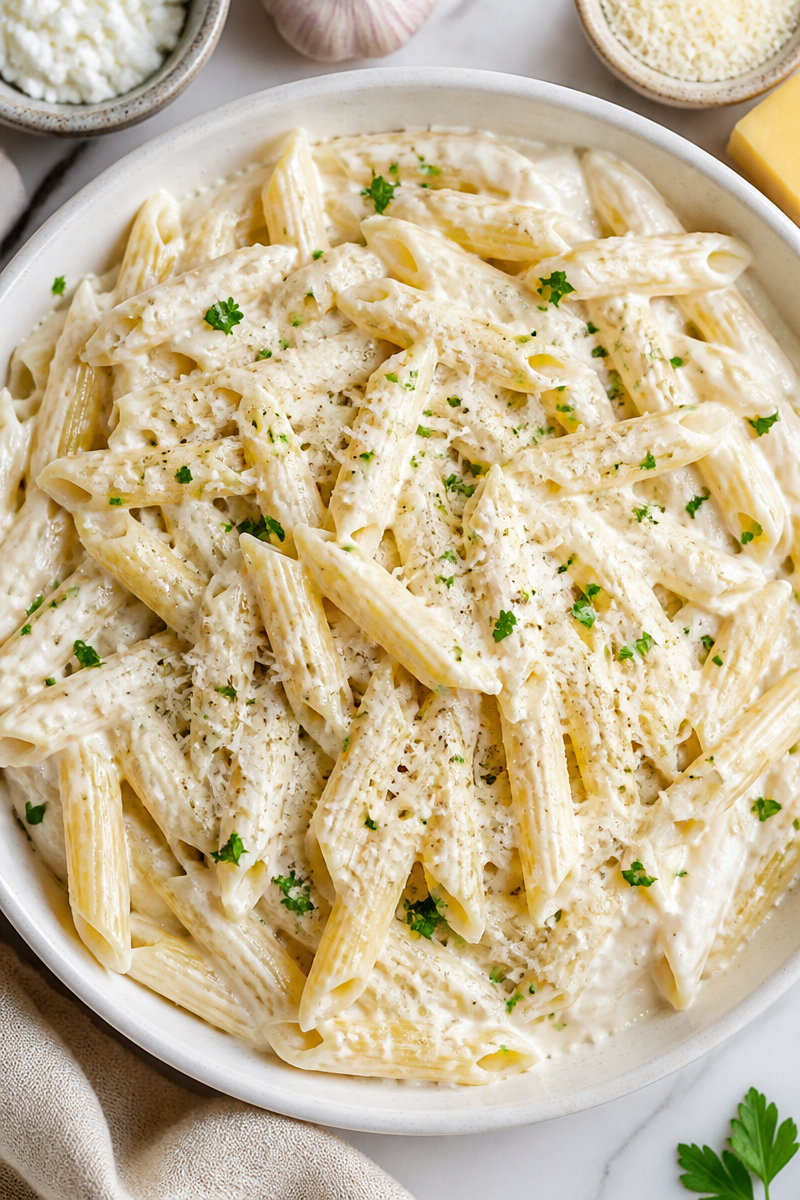 High Protein Cottage Cheese Alfredo Pasta
