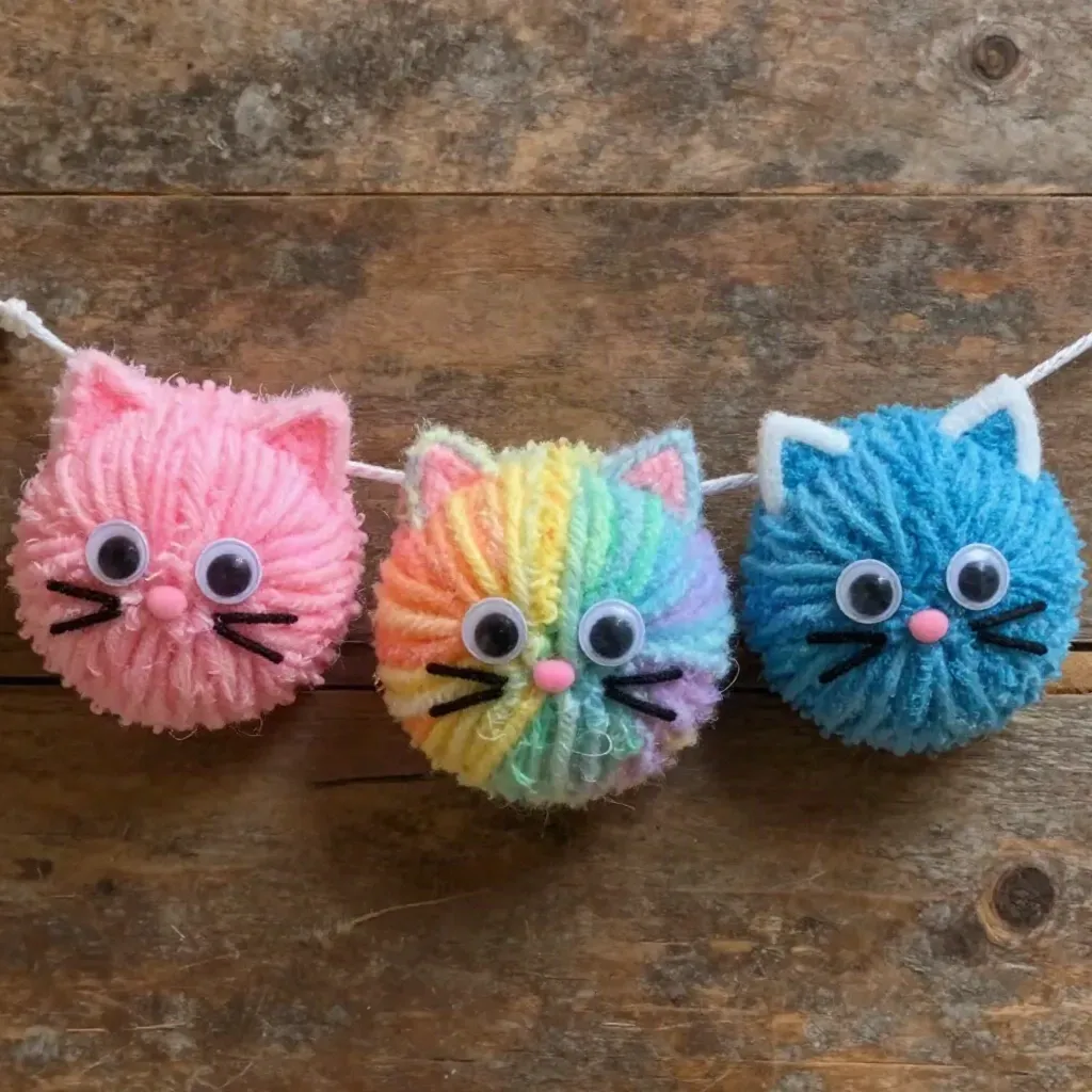 Rainbow Yarn Kitten Pom-Pom Garland