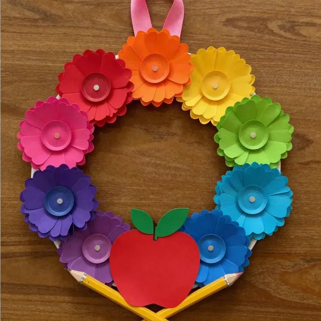 Rainbow Apple Cupcake-Liner Flower Wreath Craft for Kids