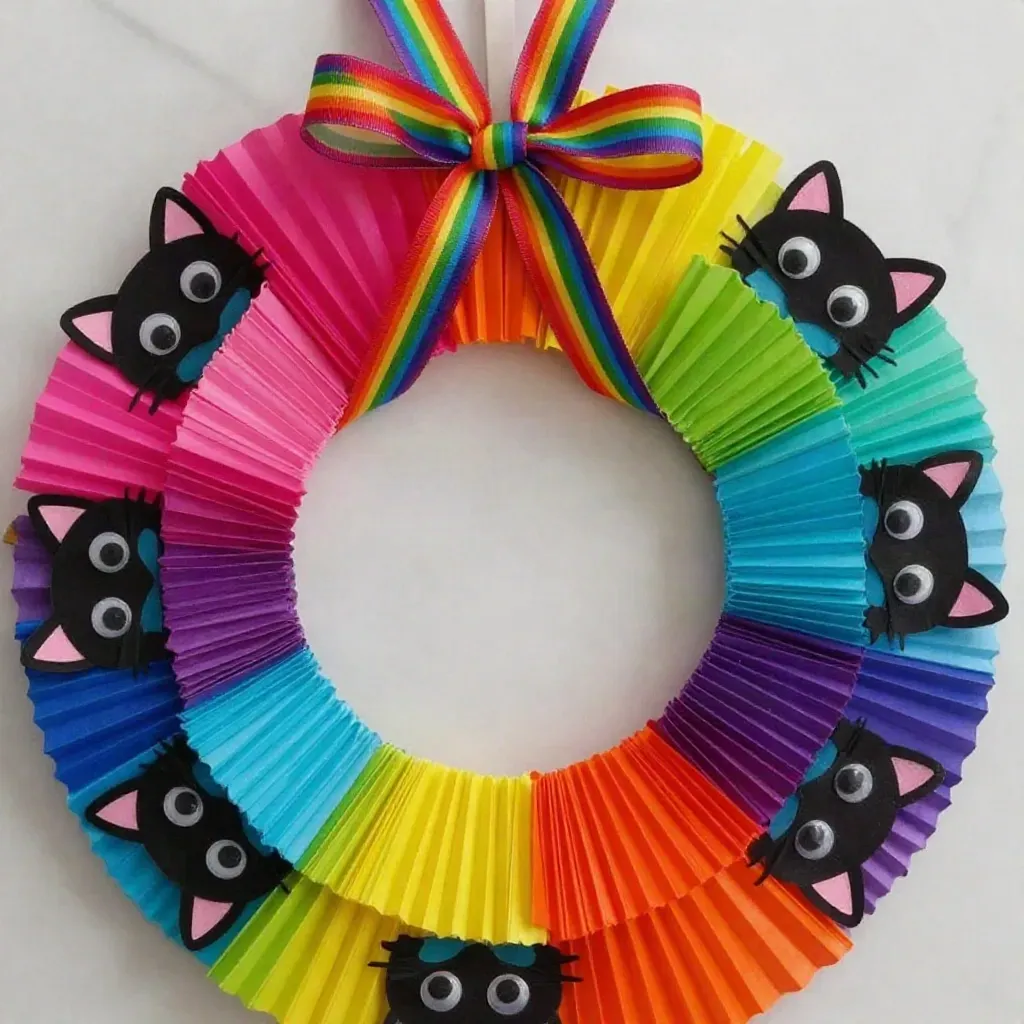 Rainbow Kitten Cupcake-Liner Wreath for Halloween Kids Craft