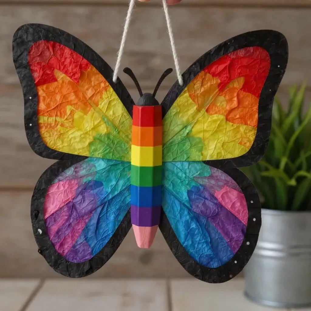 First-Day Rainbow Pencil Butterfly Suncatcher