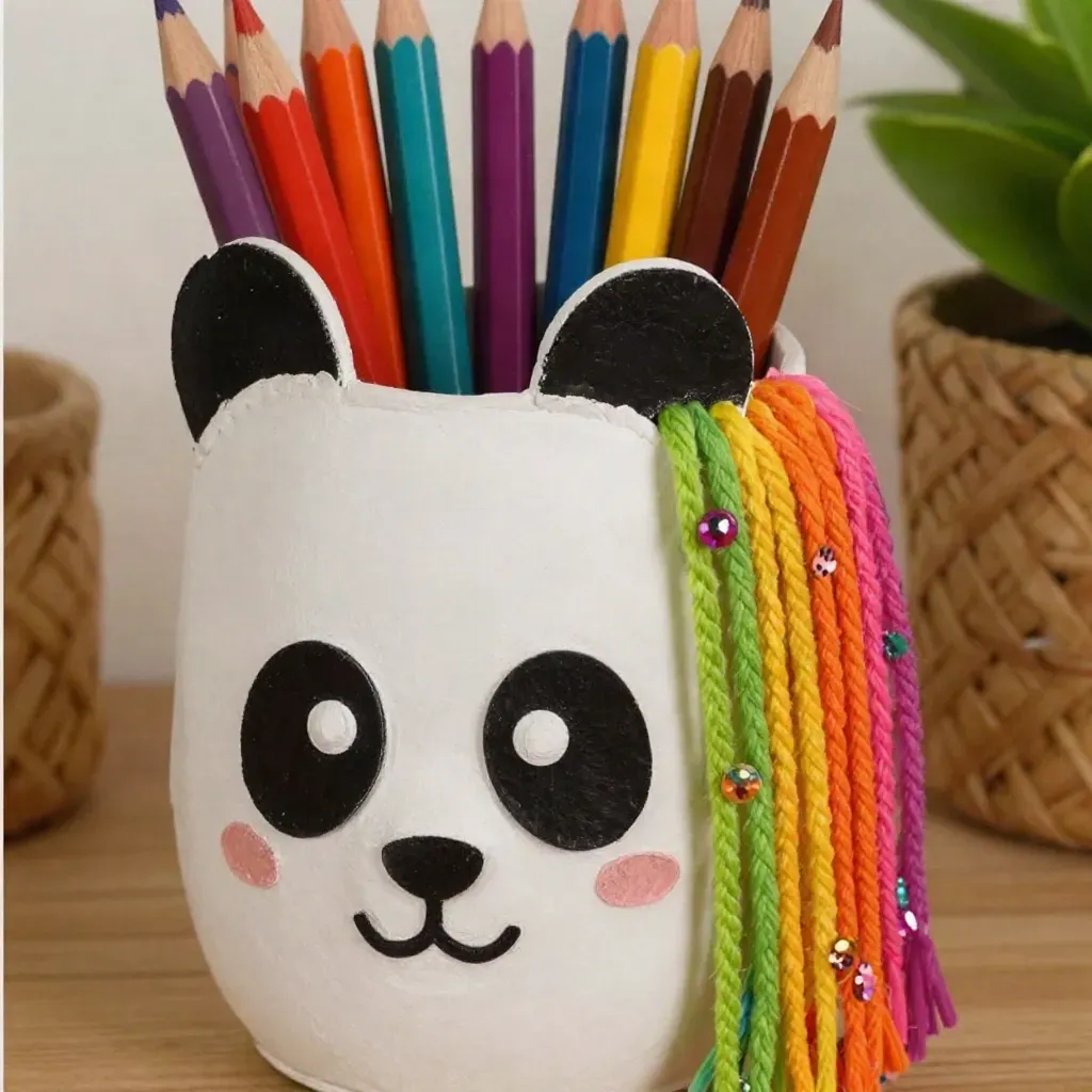 Rainbow Panda Pencil Cup from a Recycled Bottle