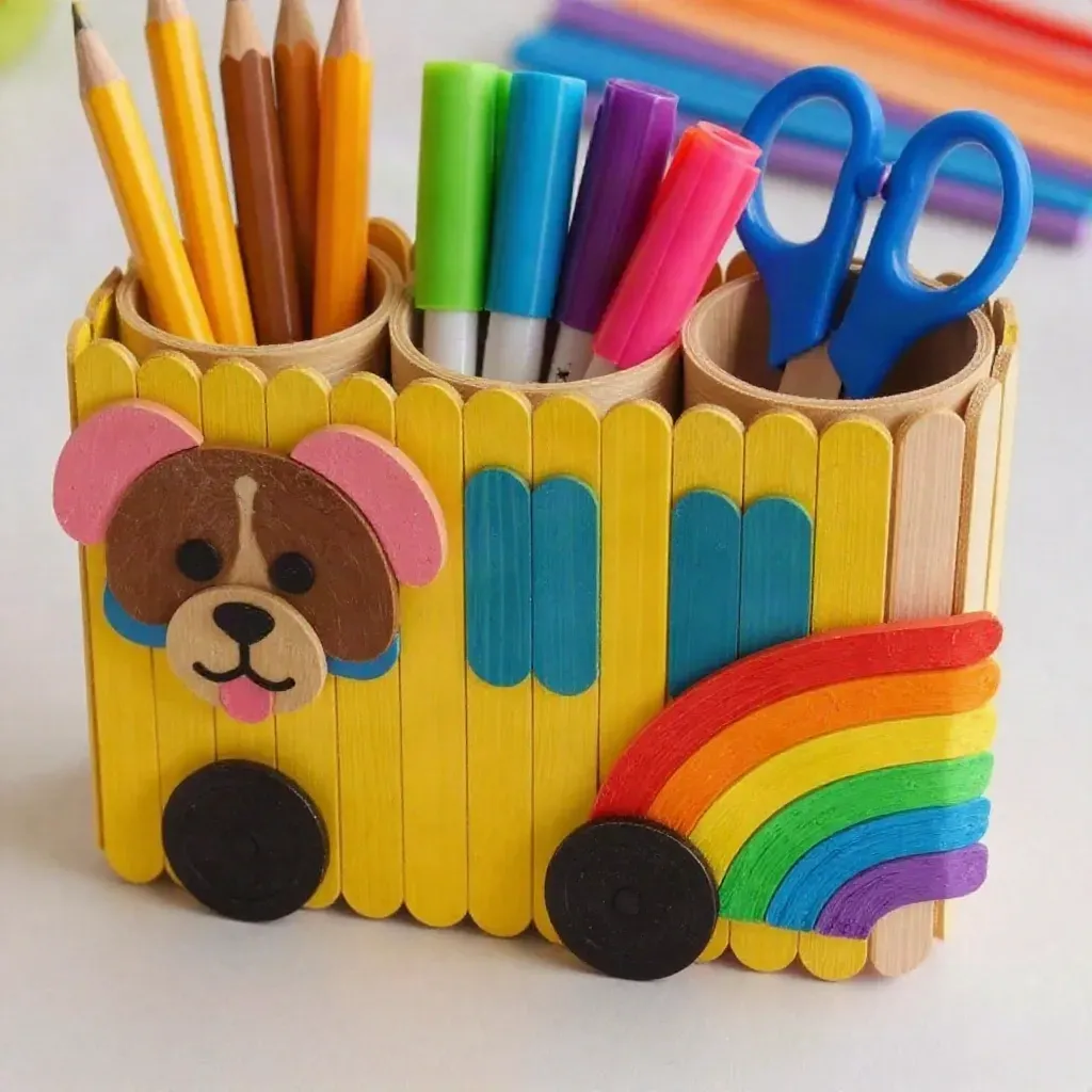 Popsicle-Stick Organizer: Rainbow Puppy School Bus Craft for Kids