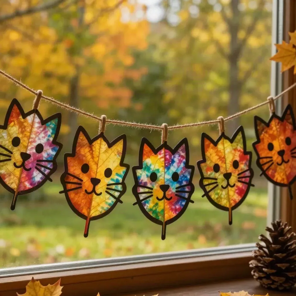 Rainbow Kitten Fall Leaf Suncatcher Garland