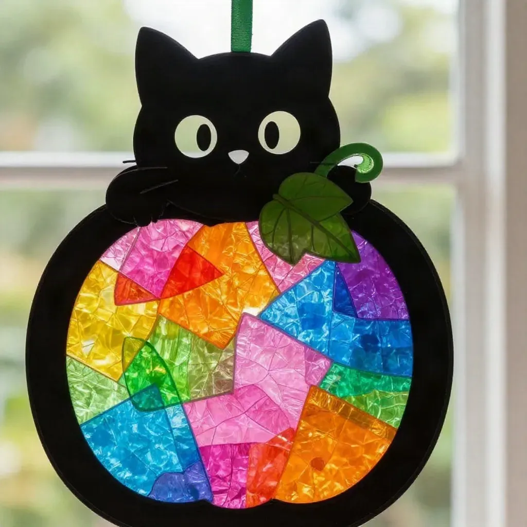 Rainbow Black-Kitten Pumpkin Suncatcher